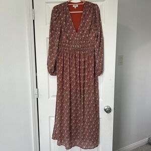 NWOT Umgee Women's Small Long Sleeve V-Neck Lined Maxi Dress Red and Blue Floral